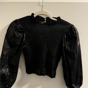 Black Zara Leather Top with Puff Sleeves